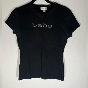 VINTAGE 90s Bebe black v-neck tshirt logo rhinestones sz L made in USA retro